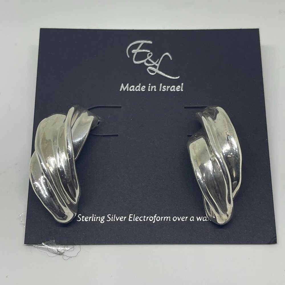 E&L Textured Israel Sterling Silver Wave Electrofom Earrings New
